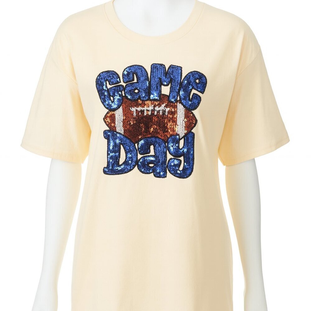 Game Day Football Graphic Tee - Cream with Blue & Silver Sequin Detail